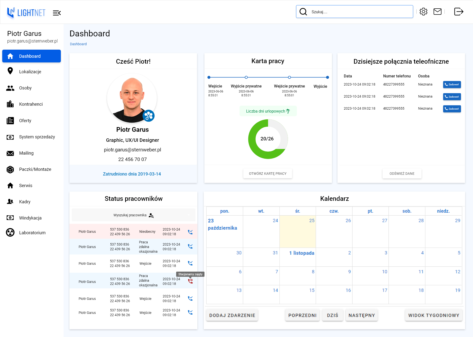 Panel główny aplikacji LightNet z widokiem statystyk